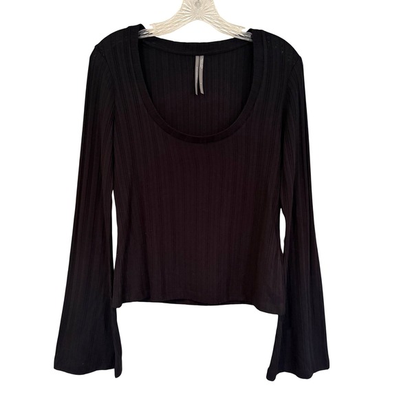Anthropologie Tops - Anthropologie Ribbed Bell Sleeve Scoop Neck Top Women's M Black Boho Hippie Y2K